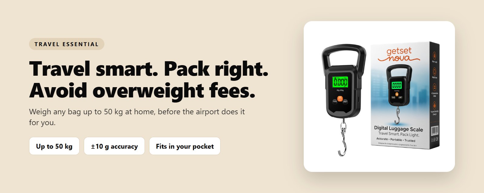 Travel smart, pack right, avoid overweight fees. Weighs up to 50 kg with ±10 g accuracy