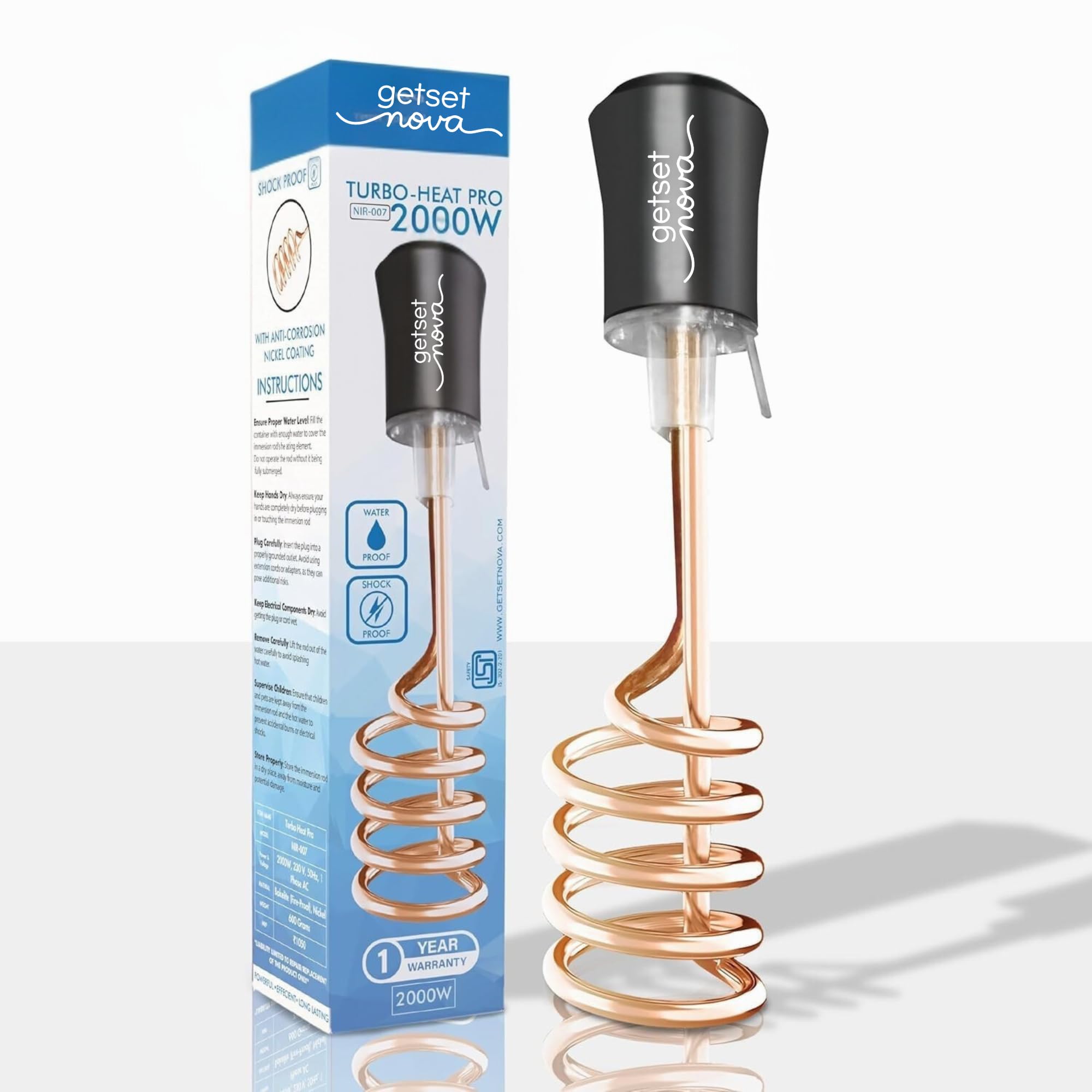 Water Heater Rod Heater for Bathroom Immersion Rod Water Heater, Copper and Nickel Rust-Free Coating, Shock Proof Design for Durable Life with Rapid Coil Heating Technology 1 Year Warranty (COPPER)