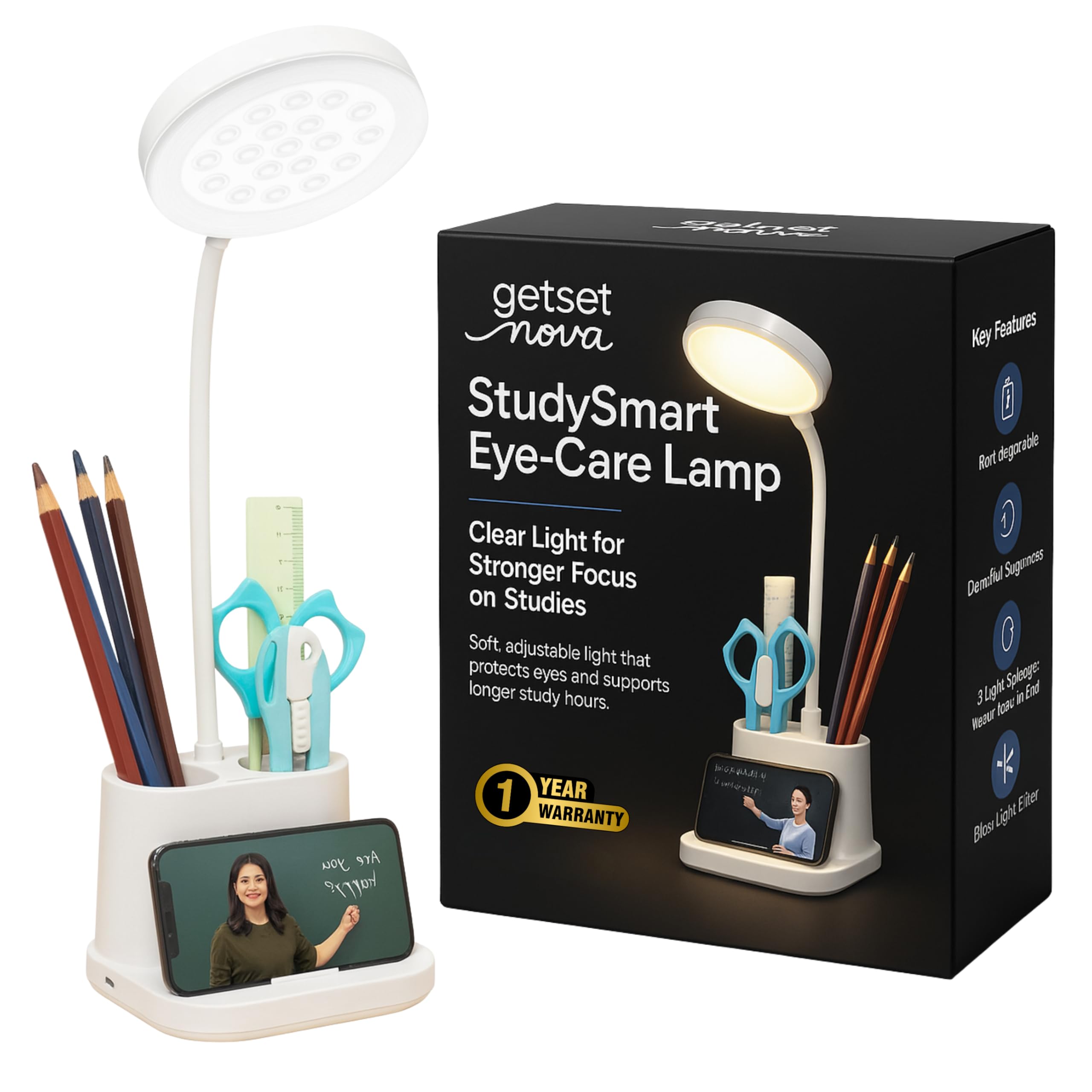 Table Lamp for Study Room Study Lamp Rechargeable, Desk Lamp LED for Study Table Study Light for Students, 12H Battery, 3 Modes Eye Care Light (No Flicker Low Blue), Flexible Gooseneck, Glare Free