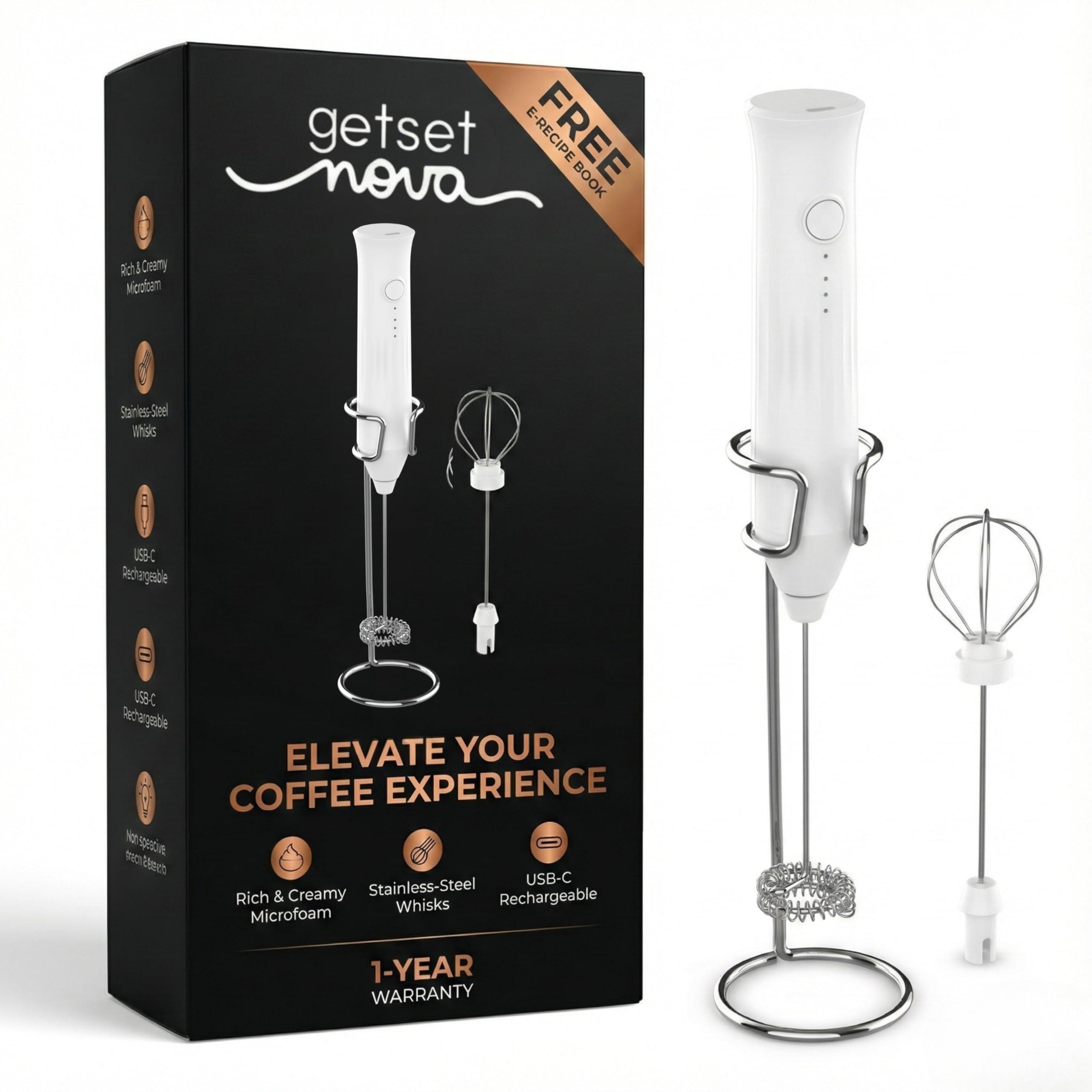 GetSetNova Coffee Maker Machine for Home – Electric Frother, Coffee Frother, Milk Frother, Coffee Blender, and 3in1 Coffee Whisker Egg Whisker Curd Whisker | 1 Charge = 30 Uses | 1 Year Warranty